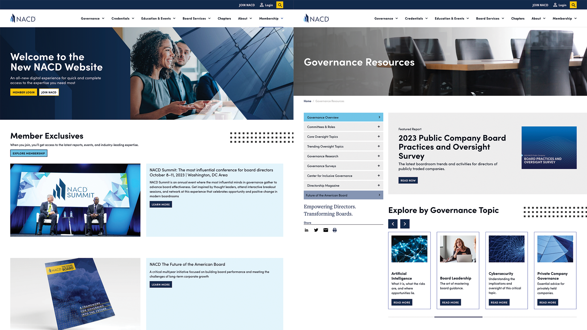 Screenshots of the NACD home page and governance page