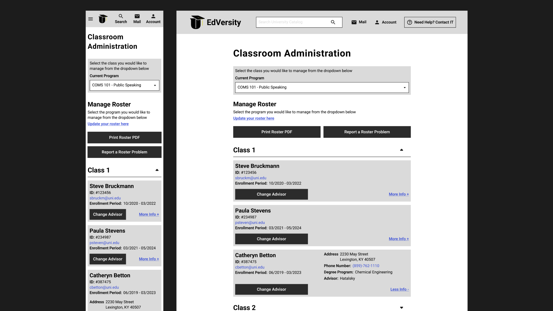 UX Wireframe sample of an admin's student management page